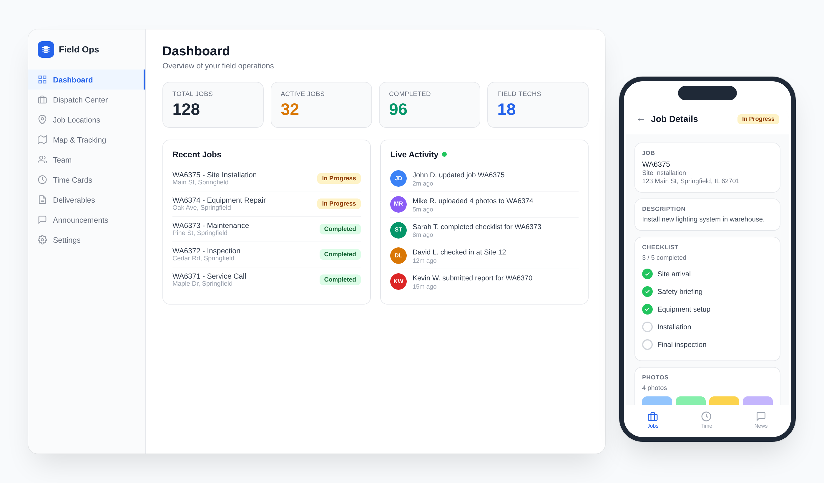 Field Ops product mockup showing admin dashboard with job stats and live activity alongside the tech mobile app with job details and checklist